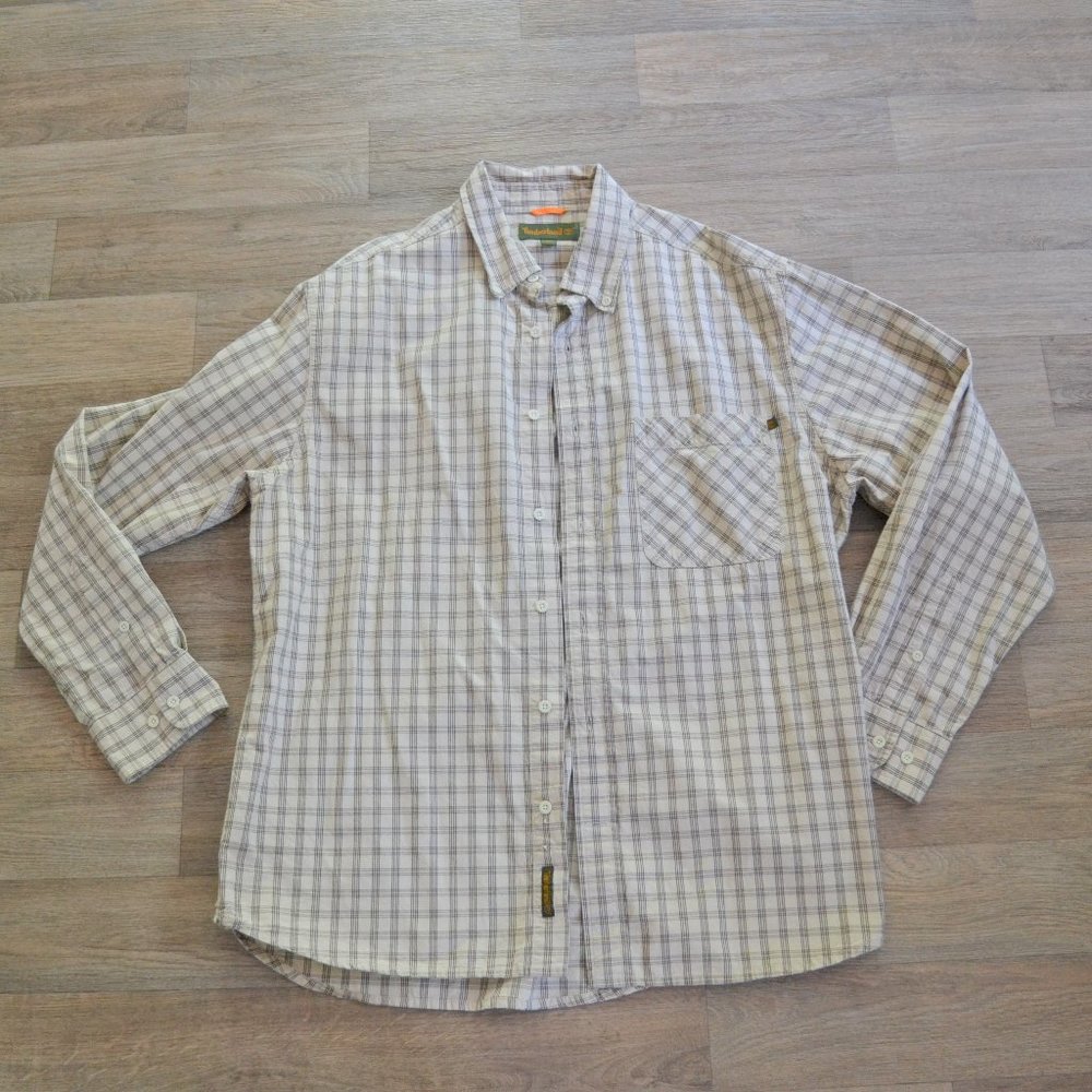 Timberland Men's Plaid Beige Black Button Down Shirt Size Large